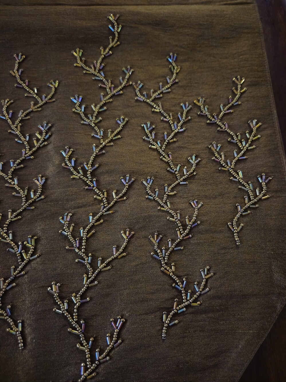 Embroidered Brown Table Runner with Beaded Branch Design - Picture 6 of 6